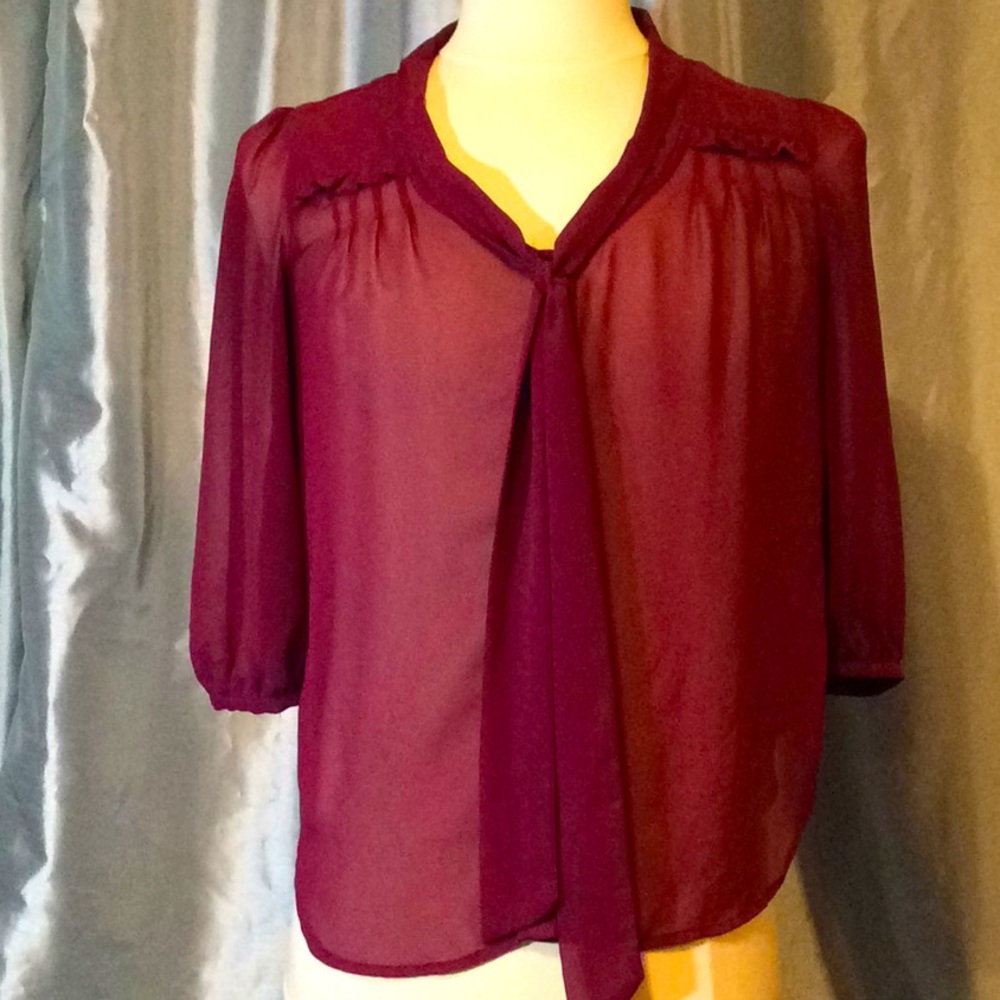 Sheer burgundy blouse, 3/4 sleeves w/button, NWT